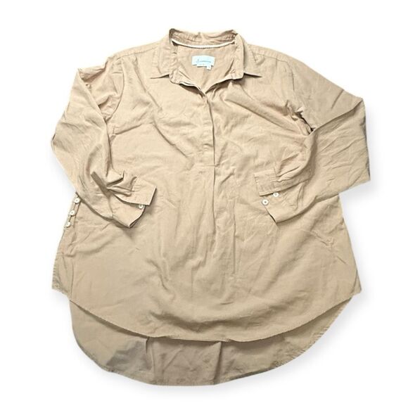 By ANTHROPOLOGIE Women’s Tan Button-Side Cotton Tunic Blouse Long Sleeve Size Me - Picture 5 of 11